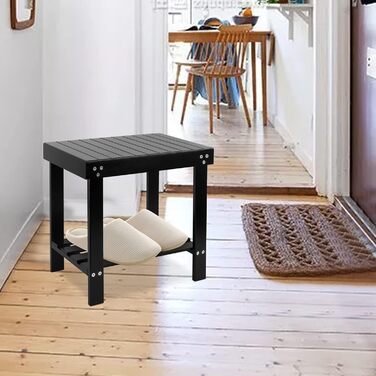 Банкетка для ванної кімнати VaeFae з бамбука, табурет для гоління з підставкою для ніг та полицею для аксесуарів, чорний колір