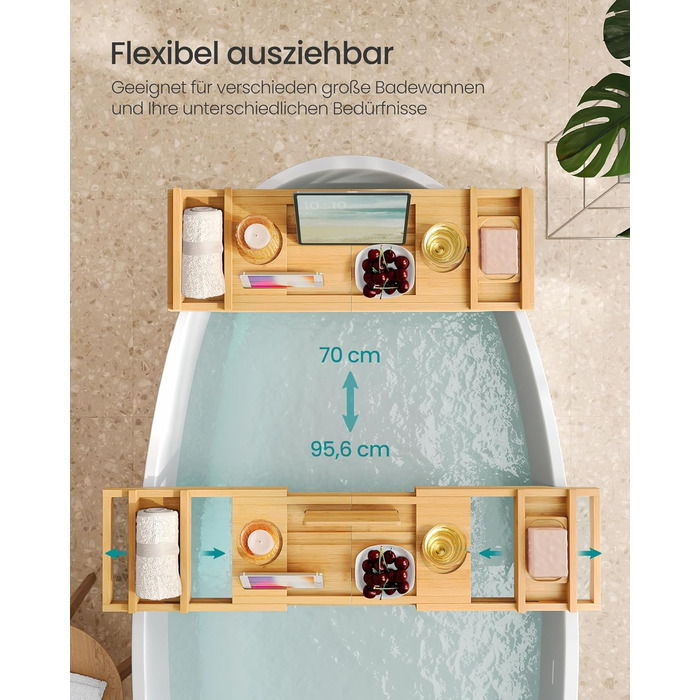 Полиця для ванни розкладна SONGMICS з бамбука 70-95.6 см, бежева - для книг, планшета, келиха, рушників