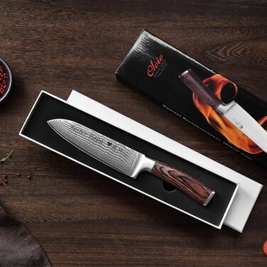 Нож Santoku Wakoli з дамаської сталі (серцевина VG10), 17 см – гострий кухонний ніж для всіх видів нарізок, з ручкою з паккавуду в подарунковій коробці (з гравіюванням)