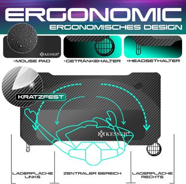 Ігровий стіл KESSER 160см х 60см Z-подібна форма Гачки для навушників і карбонове покриття Підстаканник чорний