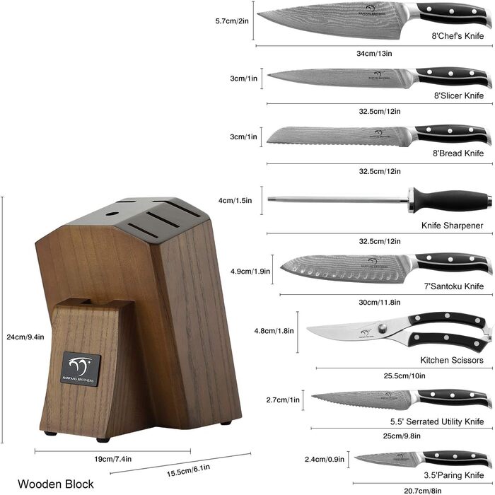 Набір кухонних ножів NANFANG BROTHERS 9 предметів з дамаської сталі та дерев'яною підставкою (сірий/коричневий)