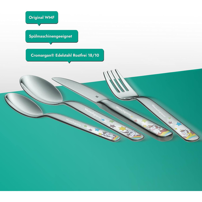 Набір дитячого столового прибору WMF Kinderbesteck з гравіюванням (4 шт.) - ідеальний подарунок на хрещення. Дитячий столовий прибор WMF від 4 років з індивідуальним гравіюванням. Подарунки на хрещення для хлопчиків