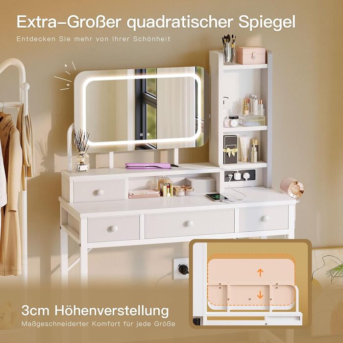 Трюмо ODK з регульованим LED-дзеркалом, туалетний столик з 4 висувними ящиками, USB-порт, білий колір, 100×40×140 см