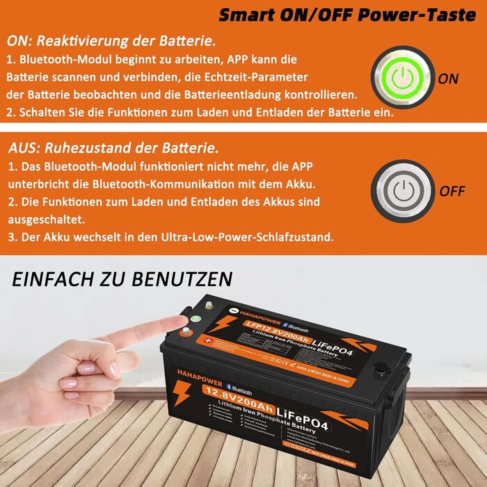 Акумулятор Hahapower 12.8V 200Ah LiFePO4 з Bluetooth, Smart BMS, 15000 циклів, 150 А, для автофургонів і сонячної системи