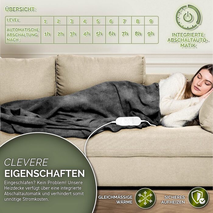 Електрична гріюча ковдра з плюшу 200 x 180 см з таймером та 9 рівнями нагріву, відключається автоматично, антрацит