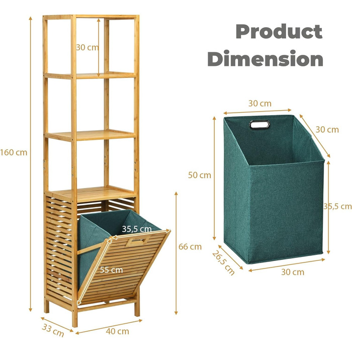 Висока шафа LIFEZEAL з бамбука, полиця для ванної кімнати з кошиком для білизни, 3 відкритих відділення, 160см, окремо стояча, натуральна