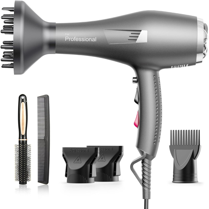 Професійний іонний фен для волосся Dekuri з дифузором та 2 насадками, 3 режими температури та 2 швидкості, сірий