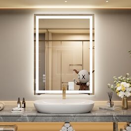 LED дзеркало для ванної кімнати 60x80 см з підсвічуванням, сенсорне керування, регулювання яскравості, 3 кольори світла, антизапар, IP44, вертикальна/горизонтальна орієнтація