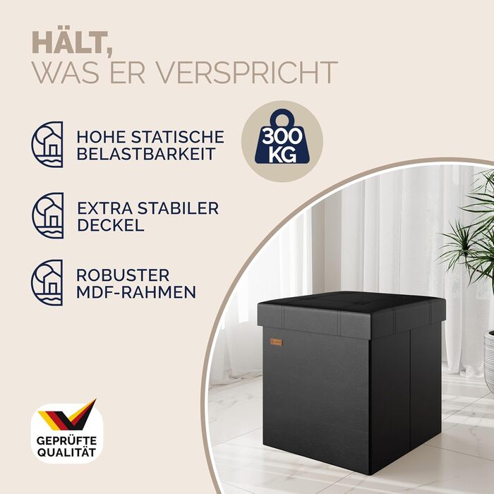 Пуф Casaria® з місцем для зберігання, білий, складний, з кришкою, штучна шкіра, м'який, 38x38 см, для спальні, вітальні, передпокою, білий (2, чорний)