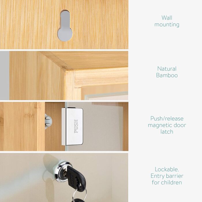 Шафка для ліків Navaris з бамбука та скла, з замком - аптечка першої допомоги, медична шафка з ключем, дитяча безпека