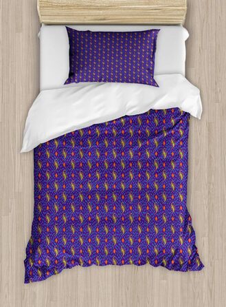Абстрактний набір підковдр для односпальних ліжок, Tropical Rhombus Graphic, Захист від кліщів Алергікам Підходить з наволочкою, 130 x 200 см - 70 x 50 см, Vermilion Purple Green