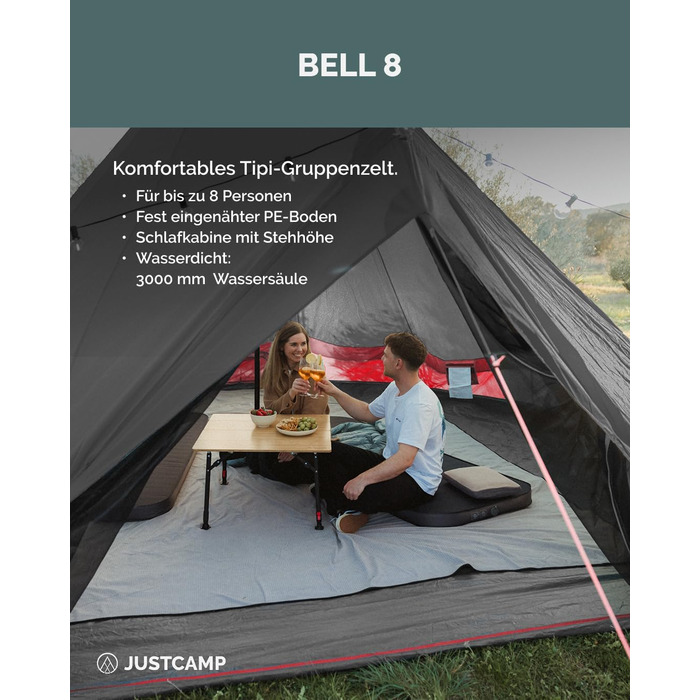 Намет Bell Tipi JUSTCAMP для сімей та груп 8 осіб, сірий - водонепроникний (3000 мм), висока стеля