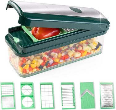 Набір для нарізки овочів Genius Nicer Dicer Exclusive 15 елементів, набір для нарізки кубиками + набір для нарізки помідорів, 4 насадки + груба тертка та шинковка, контейнер 2500 мл, зелений