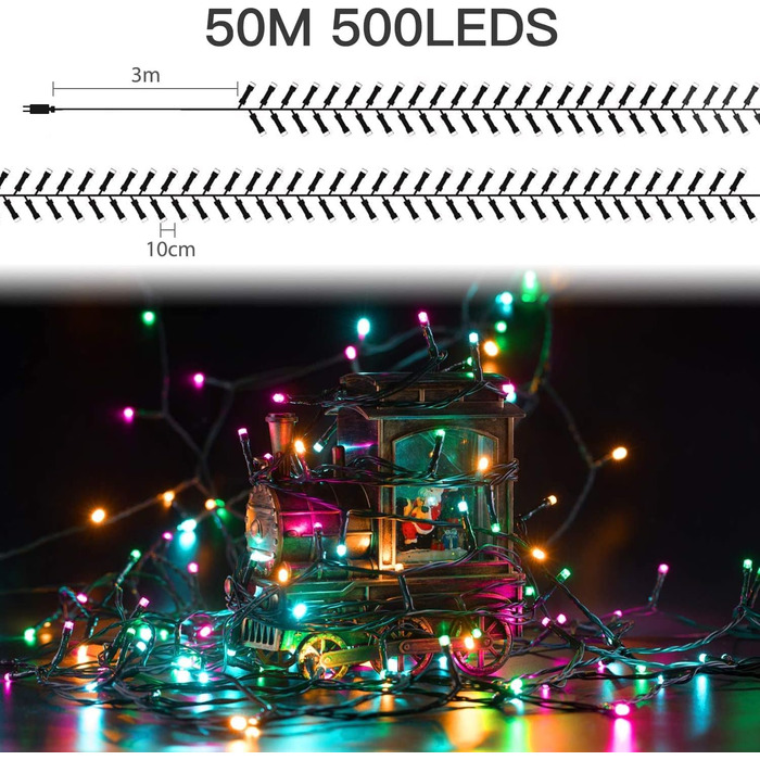 Світлодіодний струнний світильник Elegear 50M 500 світлодіодів, 8 режимів, IP44, для приміщення/вулиці, Різдва та вечірки, барвистий