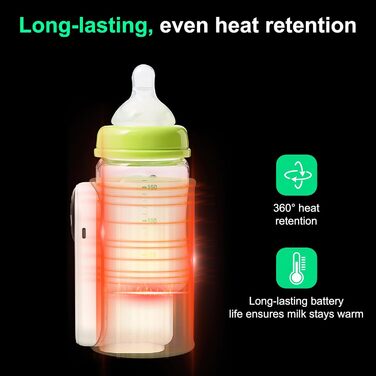 Підігрівач молока бездротовий з LED дисплеєм температури, 8000mAh, для дитячих пляшок, в подорожах, 6 режимів, швидкий нагрів, USB-C зарядка, термоізоляційний чохол для материнського молока, блакитний (зелений)