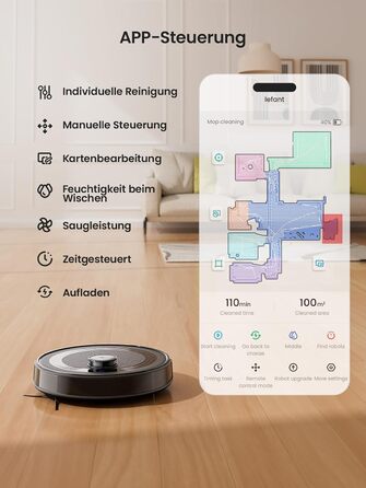 Робот-пилосос LEFANT M2 з функцією миття, 6000Pa, LiDAR-навігація, зони заборони, 140 хв, багатоступінчасте мапування, для тварин, килимів та твердих підлог (M2S-B)
