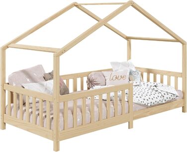 Ліжко для дому IDIMEX LISAN з масиву сосни в красивому ліжку Монтессорі 90 х 200 см, стійке індійське ліжко із захистом від випадання та дахом (натуральне)