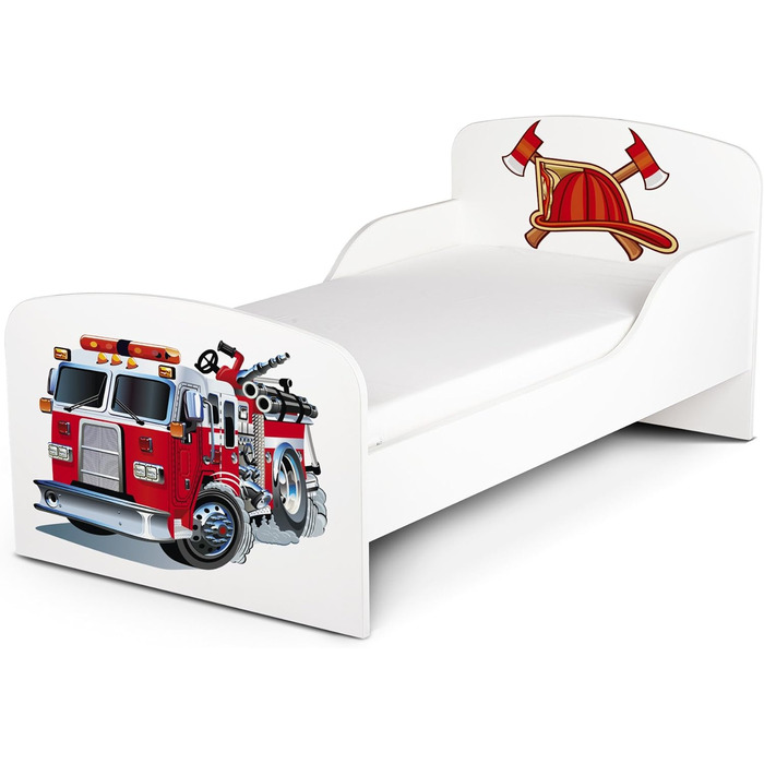 Дерев'яне ліжко Leomark з функціями для дітей - ліжко з матрацом, боковиками та ламелями, розмір спального місця 70/140 см, друк UV (пожежна машина)