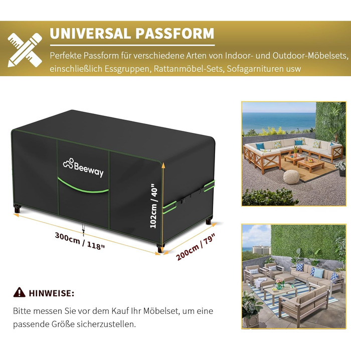 Чохол для садово-патіо меблів BEEWAY V2.0, 300x250x102 см, водовідштовхувальний, захист від УФ, чорний