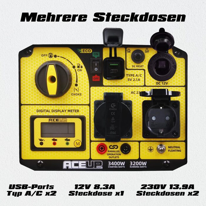Бензиновий інверторний генератор Aceup 3400W: тихий, портативний, для дому, кемпінгу, 230V, 12V, USB, 4-тактний, 23кг