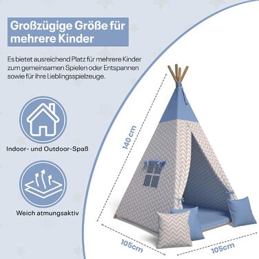 Дитячий намет-тіпі: іграшковий намет для дітей, кімната для ігор, намет-тіпі в кімнаті, блакитний, міцний, з м'якими подушками