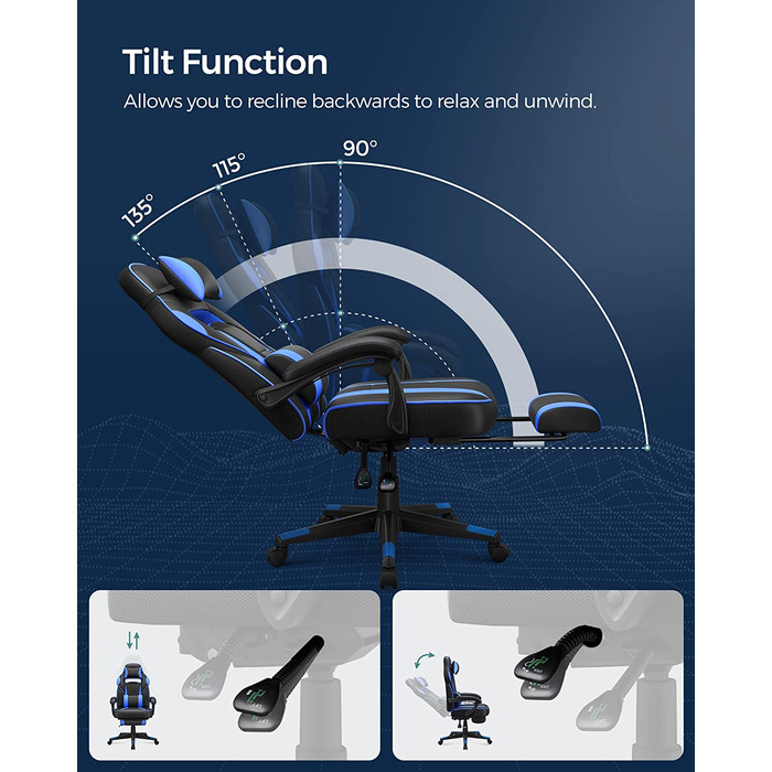 Ігрове крісло SONGMICS, робоче крісло з підставкою для ніг, офісне крісло з підголівником і поперекової подушкою, регульоване по висоті, ергономічне, кут нахилу 90-135 , вантажопідйомність до 150 кг, чорно-сірий OBG073B03 (чорний синій)