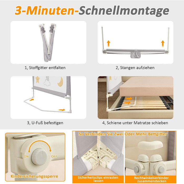 Бортики для ліжка дитячі 3 шт. (2x200 см + 1x180 см) складані, захист від випадання, малюнок - слоники