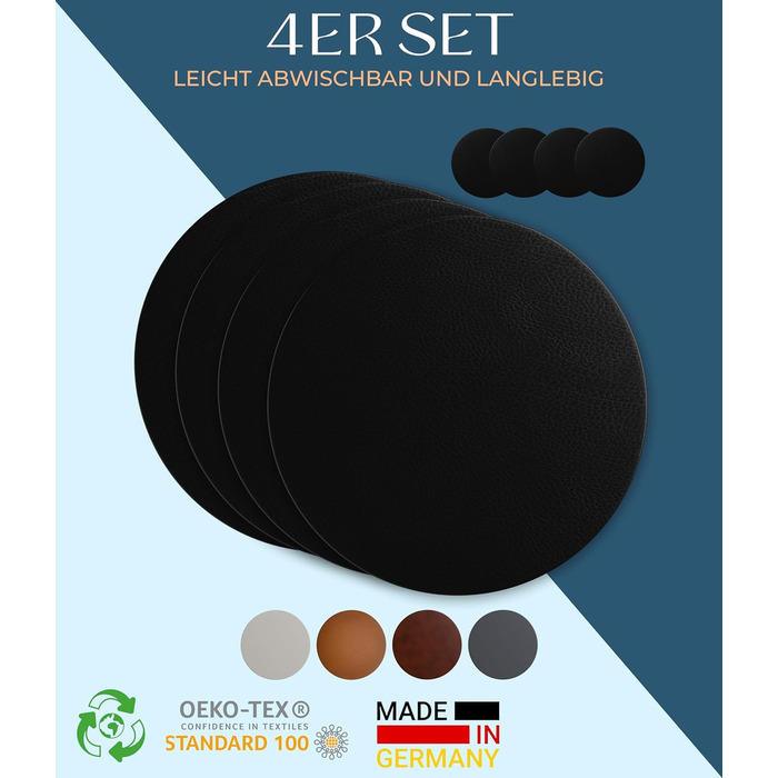 Набори серветок Garnier® з еко-шкіри, 4 шт. – миючі, стійкі, з антиковзаючою поверхнею – з екологічної переробленої шкіри, Made in Germany (круглі, чорні)