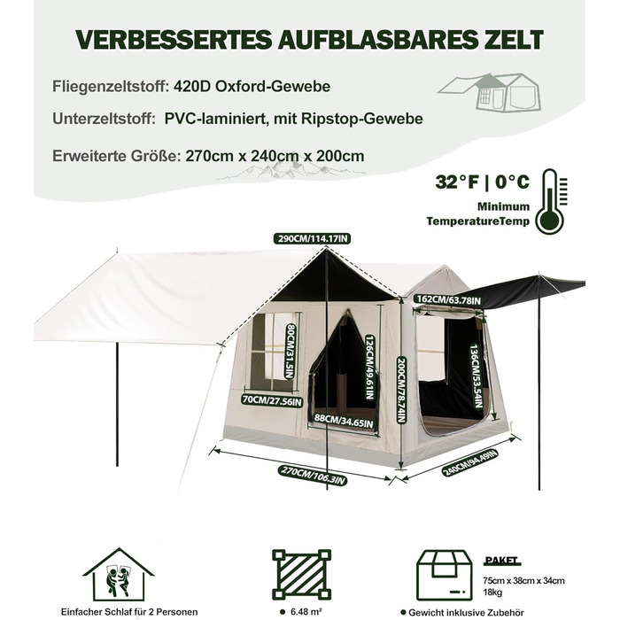Надувний кемпінговий намет Oxford 420D Glamping для 2-3 осіб з насосом, водонепроникний (3000 мм), всесезонний вітрозахисний намет з москітною сіткою