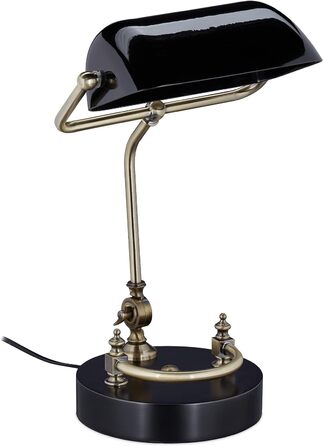 Банкірська лампа Relaxdays, скляний абажур, дерев'яна основа, поворотна бібліотечна лампа, цоколь E27, настільна лампа ретро, чорний