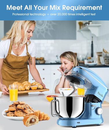 Кухонна машина Facelle 1500W з нержавіючою чашею 6.2L, 6 швидкостей, комплект насадок (блакитна)