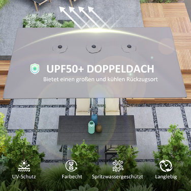 Подвійна парасолька Outsunny з кривошипом 451 x 264 см, захист від ультрафіолету 50+ парасолька, вітрозахисна садова парасолька Балконна парасолька Алюмінієвий ринок Сонцезахисний захист для балкона Патіо Сад Темно-сірий