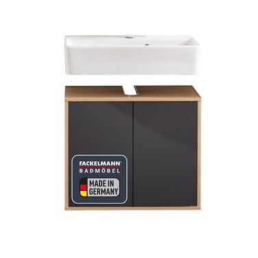Тумба під раковину FACKELMANN Finn, коричневий світлий, 60 см, ретро стиль, Push-to-Open, без ручок, Made in Germany (Антрацит, тумба + раковина)