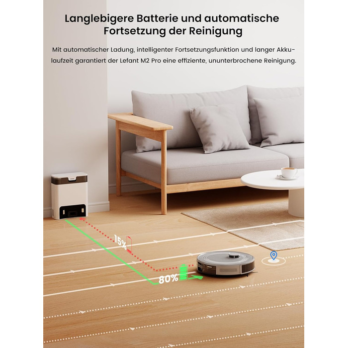 Робот-пилосос LEFANT M2 Pro Mondgrau з функцією миття, 5000Pa, LiDAR, 150 хв, розпізнавання килима, керування через додаток/голос, для видалення шерсті тварин, чорний