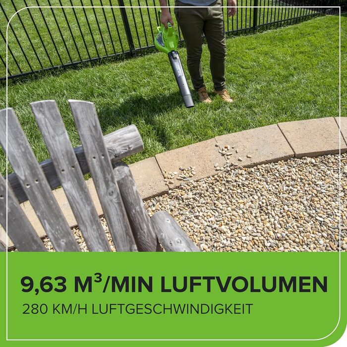 Акумуляторний листозбірник/лістовий повітродув Greenworks 40V GD40BVK2X з безщітковим двигуном, 370 км/год, 14.17 м³/хв, 45л мішок для збору листя, 3 роки гарантії, 5Ah акумулятор та універсальне зарядне пристрій + бонусний акумулятор 4Ah