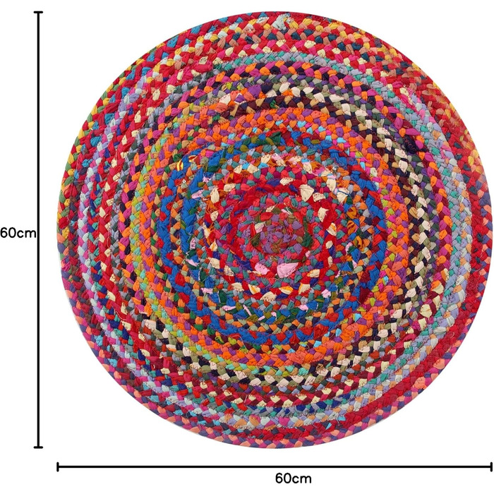 Різнокольоровий, витканий вручну, екологічно чистий круглий килимок (60 см) з переробленої тканини