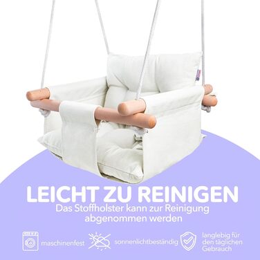 Дерев'яна гойдалка для малюків Cateam - ідеальна для дому та саду. З безпечним ремінцем, від 12 місяців. Елегантно-кремовий колір.