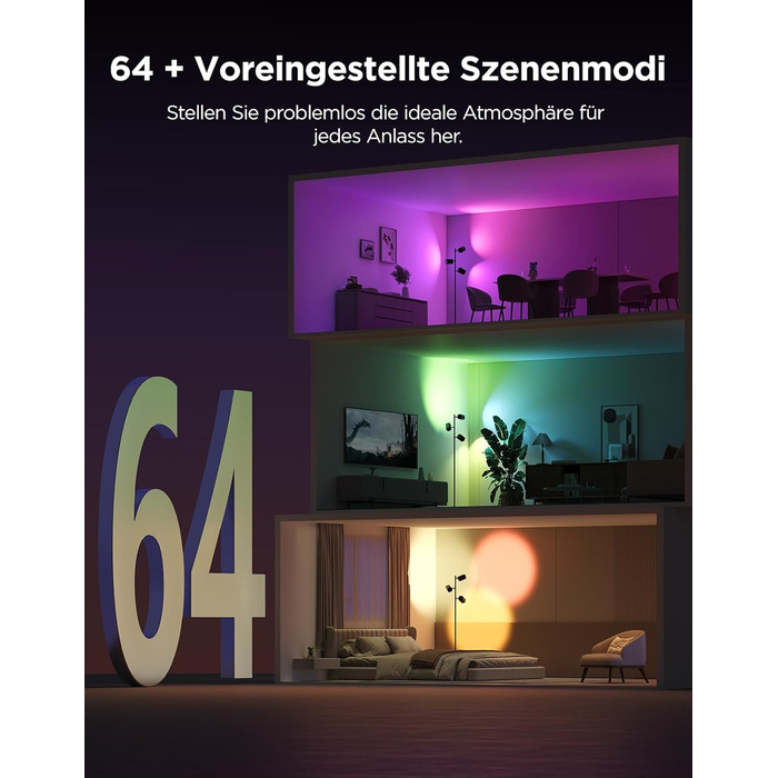 Світлодіодна підлогова лампа Govee 3-Flammen RGBWW, Matter, 1500lm, сумісна з Alexa, 64+ сцени, синхронізація з музикою, 157см, чорна для вітальні, спальні, кабінету