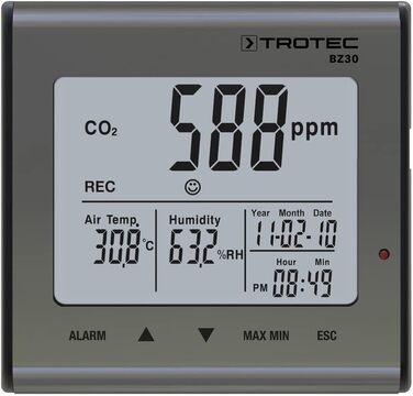 Вимірювач CO2 Trotec BZ30 – Монітор якості повітря, вологості та температури. Діапазон вимірювання 0-9999 ppm, похибка ±75 ppm + 5%, даталогер на 50000 значень з пам'яттю даних