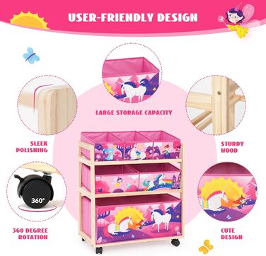 Органайзер для іграшок HOMCENT з колесами та 6 контейнерами великої місткості для дитячої кімнати, дівчачої кімнати