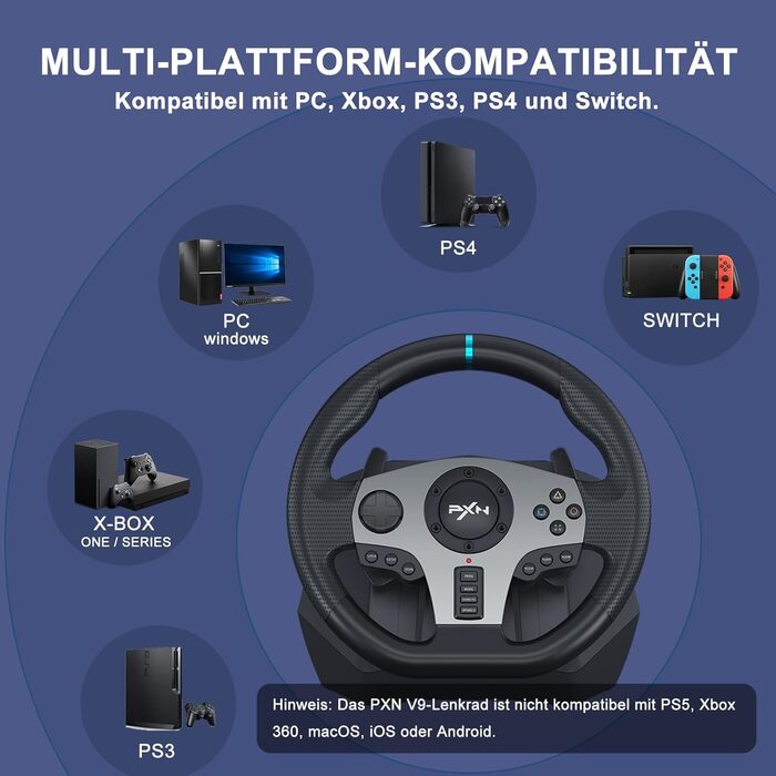 Ігровий кермо PXN V9 з педалями та перемикачем для ПК, Xbox, PS4/PS3 - 270/900°, вібрація, налаштування