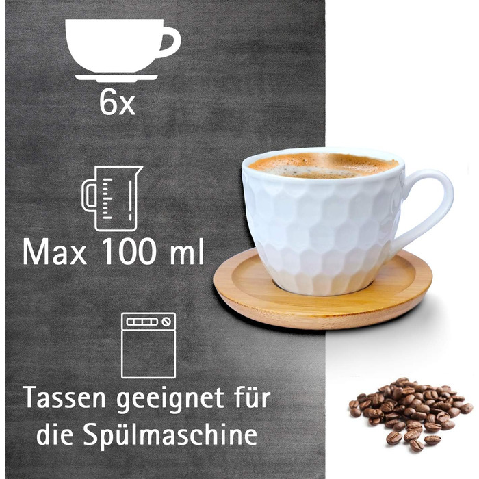 Набір чашок для кави 6 чашок (100 мл) 6 підставок, порцеляна Wood Look, біла, модель 2