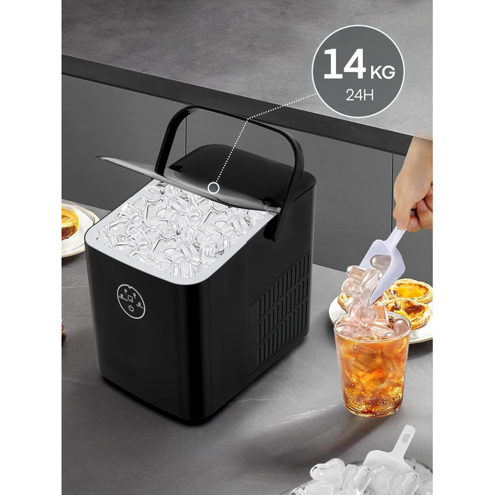Льодогенератор Fohere 14 кг/24 год, швидке виробництво льоду (5 хв), 2 розміри кулеподібного льоду, самоочищення, з ручкою, лопаткою та кошиком для вечірок, офісу, кемпінгу - Чорний
