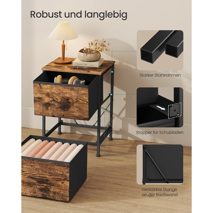 SONGMICS Комод з 2 висувними ящиками, тумбочка, шафка для зберігання, сталь, МДФ, фліс, для спальні, прихожої, вітальні, чорний, LGS32BH03