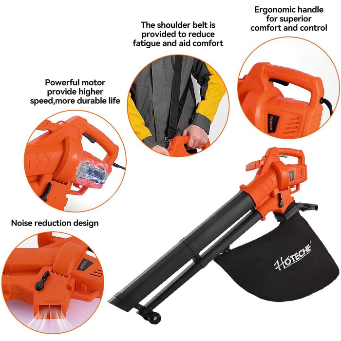 Hoteche 3000W потужний листягрій з функцією подрібнення та всмоктування | Швидкість вітру 270 км/год | Об'єм всмоктування 13 м³/хв | У комплекті мішок для збору листя 45л