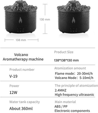 Зволожувач полум'я Вулкан Аромазволожувач Ультразвуковий масляний дифузор 360 мл Функція автоматичного відключення для дому, офісу, йоги, тренажерного залу (заломлений прозорий) Потріскування