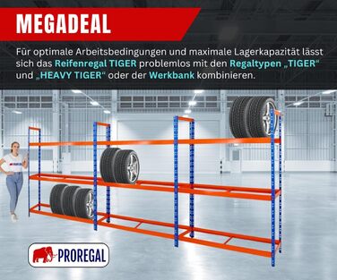 Стелаж для шин PROREGAL Tiger XL: 200x180x45 см, 300 кг навантаження, до 21 шини (205/55 R16), блакитно-помаранчевий, для майстерні, складу, підвалу