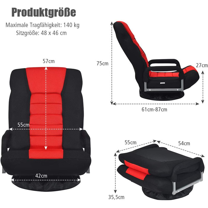 Ігрове крісло COSTWAY з можливістю повороту на 360 , підлогове крісло з 6-складаний регульованою спинкою, ігрове крісло з м'якою оббивкою, підлогове крісло для медитації вагою до 140 кг, ледачий диван (чорний і червоний)