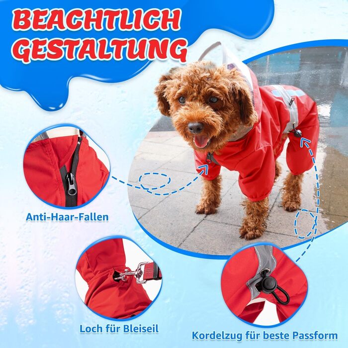 Макінтош для собак SlowTon, водонепроникний, світловідбиваючий, з капюшоном і кишенею, для собак, прогулянок (XXXL, червоний)