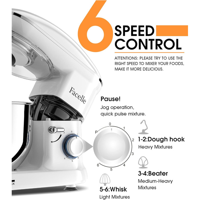 Кухонна машина Facelle 1500W з нержавіючою чашею 6.2 л, 6 швидкостей, міксер для тіста, планетарний міксер